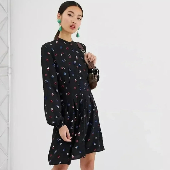 WAREHOUSE Semi-Sheer Long-Sleeved Shirt Black Horseshoe equestrian Dress - Picture 1 of 11